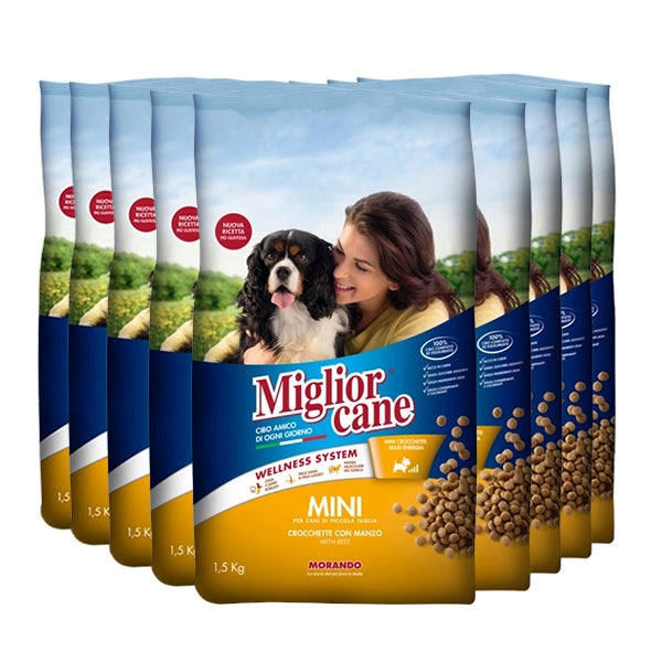 SET 9 CONFEZIONI DI MIGLIOR CANE CROCCHETTE MINI CON MANZO 1,5 KG