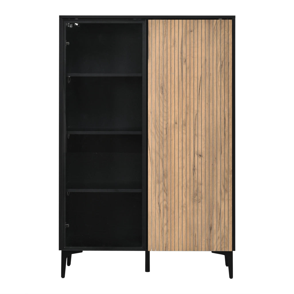 Credenza alta con 2 ante, vetro temperato, MDF, 90×40×135 cm, nero e effetto legno, con LED RGB controllati da app, 8 vani e 2 colli