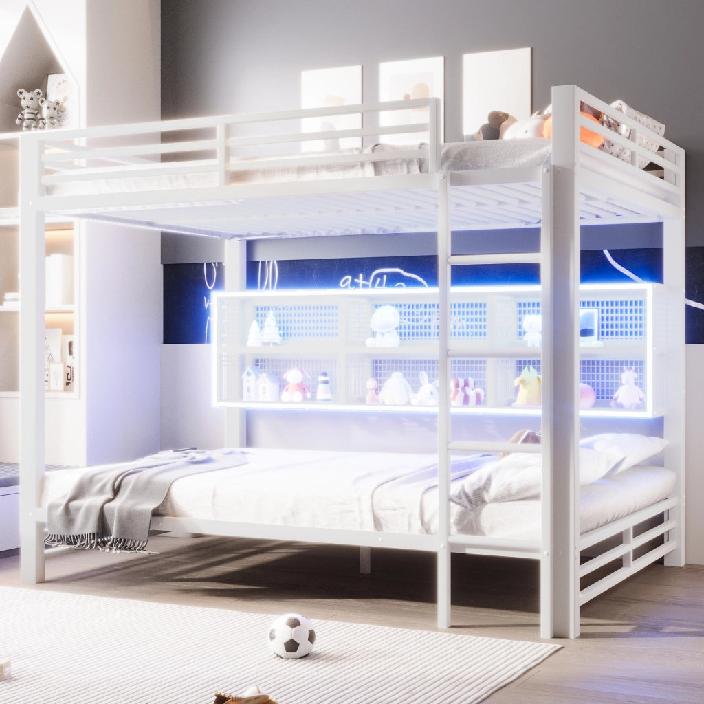 LETTO a castello 140x200 cm in metallo bianco con armadi portaoggetti e LED