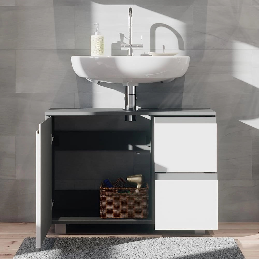 Mobile sottolavabo per bagno J-Shape, Antracite/bianco, 80 x 60.8 cm, con intaglio per sifone per l’installazione sotto il lavandino