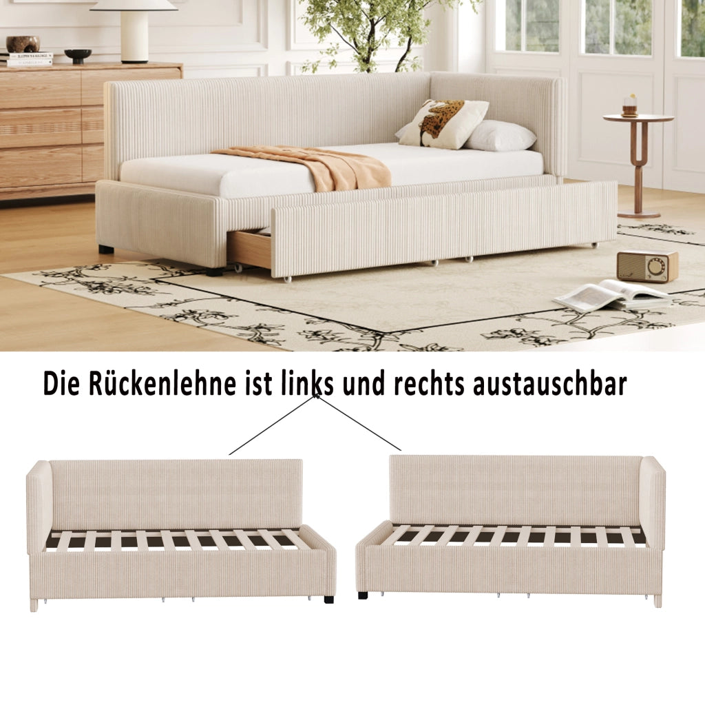 Divano letto imbottito in velluto beige 90x200 cm con 2 cassetti e rete a doghe