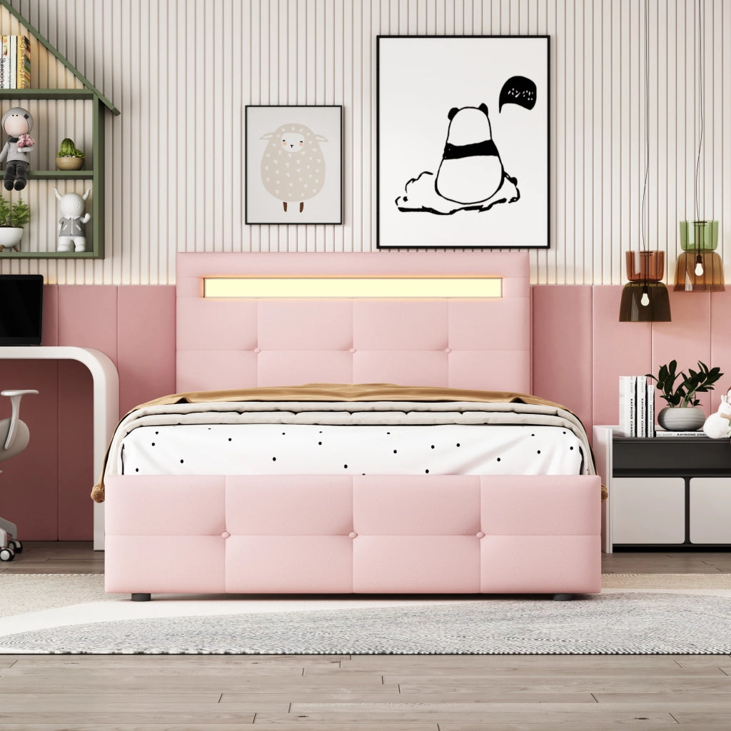 Letto singolo 90×200 cm con 2 cassetti; LED; testiera regolabile; senza materasso; legno; rosa
