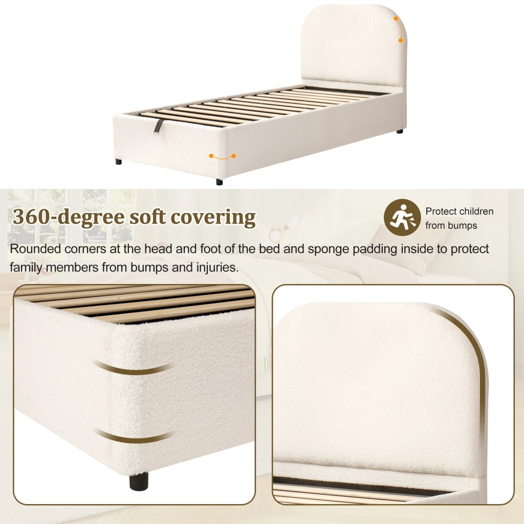 Letto contenitore singolo 90x200 cm per bambini; con contenitore idraulico; rete a doghe; testiera capitonné; bouclé; beige