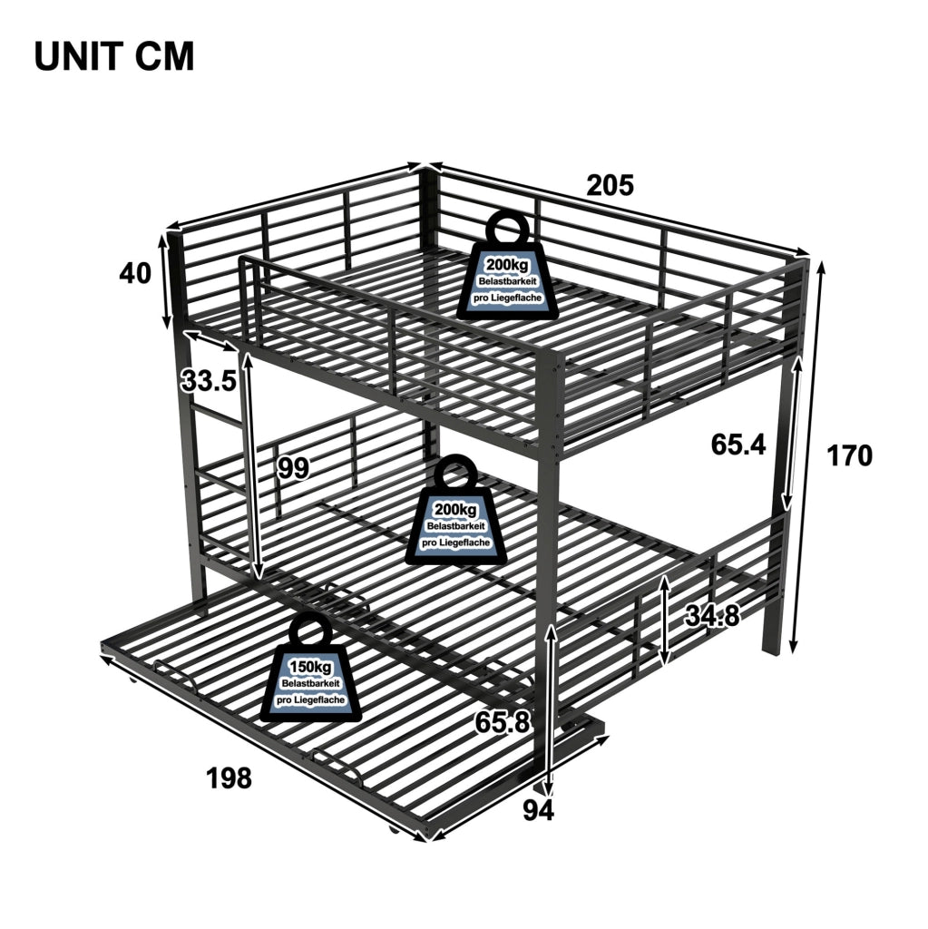 Letto a castello in metallo con letto estraibile; 3 posti letto; 140 × 200 cm; nero
