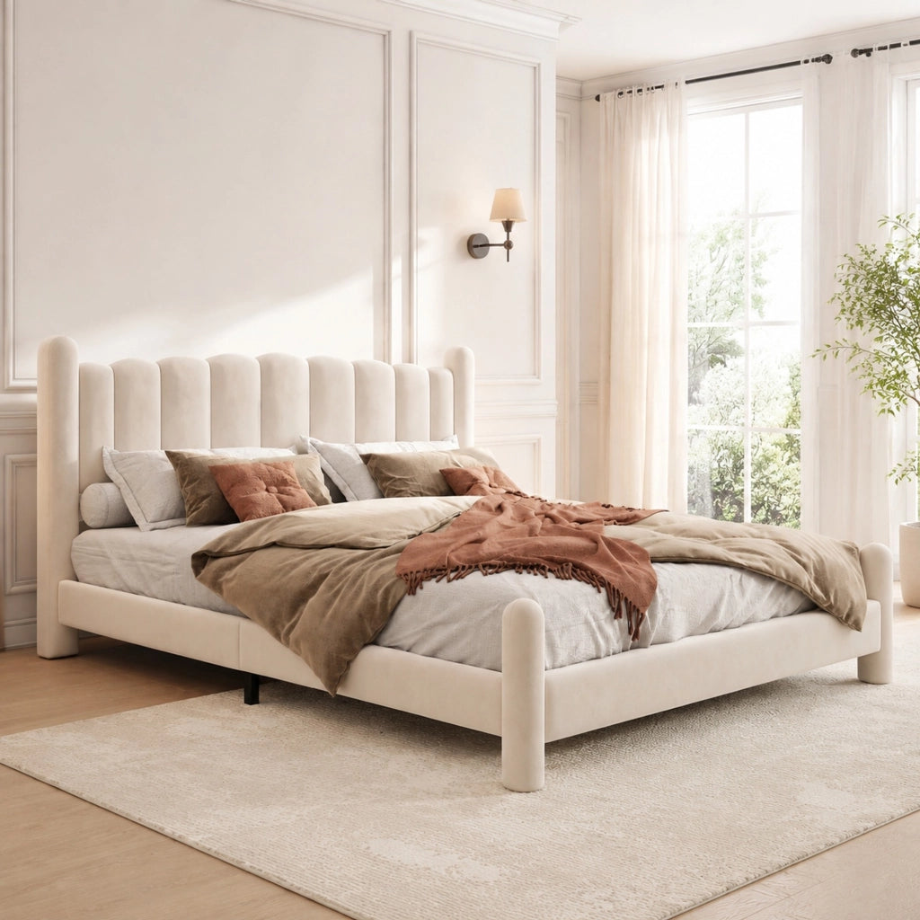 Letto imbottito 180 × 200 cm con testiera ondulata; rete a doghe; velluto beige