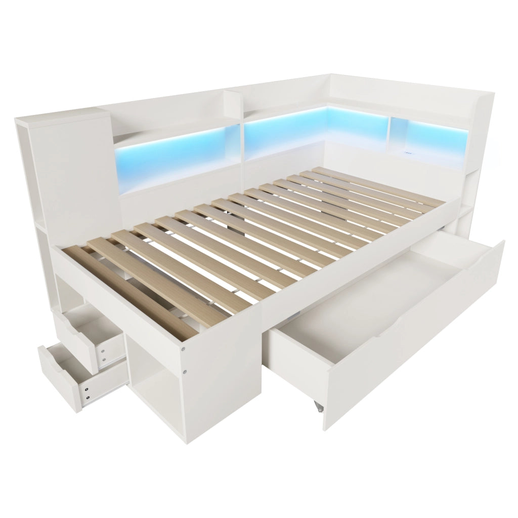 Letto singolo 90x200 cm in legno bianco con LED; USB e Type-C; contenitore e ripiani