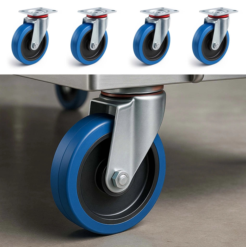 Set 4 ruote piroettanti senza freno da 200 mm per trasporto con piastra di montaggio 350 kg a ruota