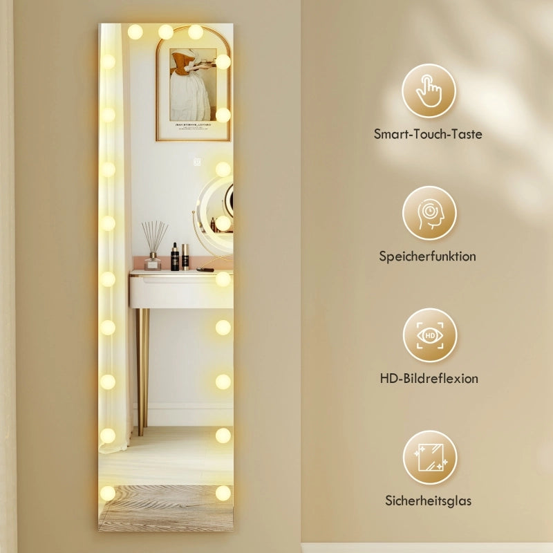 Specchio a figura intera 150x40 cm con illuminazione a LED RGB, 21 lampadine, 7 colori di luce, interruttore touch e funzione memoria.