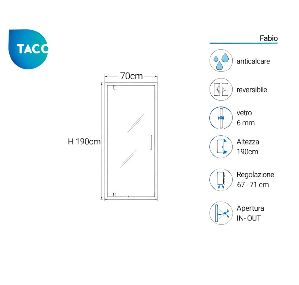 Box doccia nicchia 70 cm porta battente H190 cm FABIO - Cromato Lucido