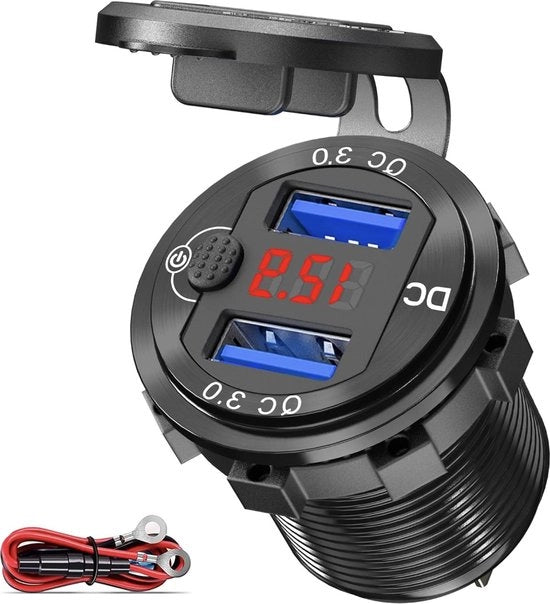 Caricatore rapido 3.0 USB per auto, 12V/24V, con interruttore e LED voltmetro rosso, caricatore per veicoli, adatto per moto, barca, furgone e caravan