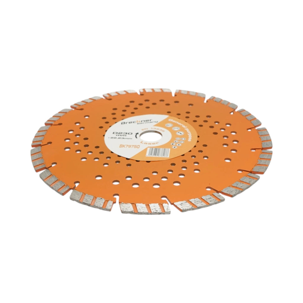Disco diamantato turbo segmentato 230x22,23 mm, segmento 10 mm per cemento armato, pavimentazioni, archi, pietra dura Breckner Germany