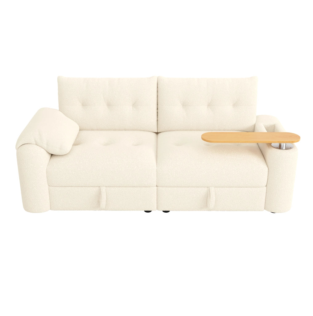 Divano modulare 2 posti con tavolino integrato e contenitore in teddy beige