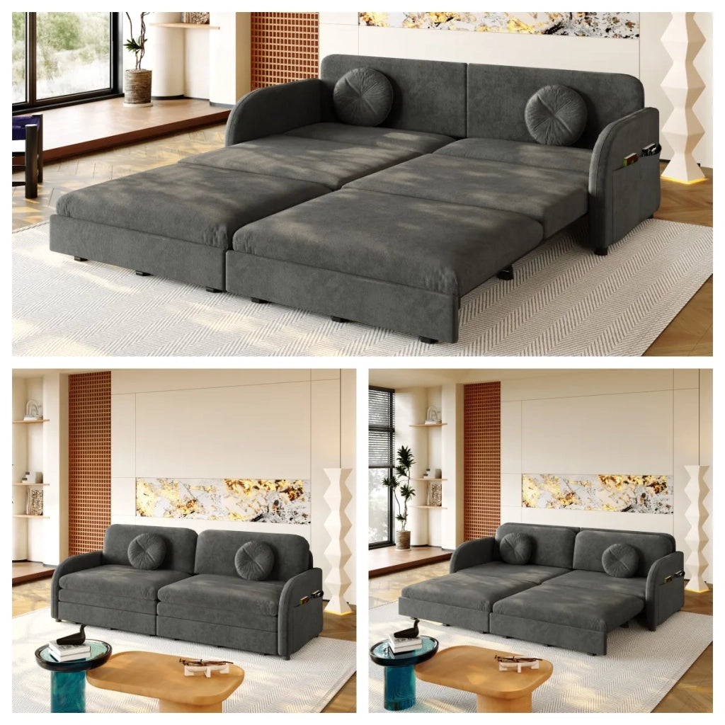Divano letto 3 posti estraibile King-Size 206 cm, chenille grigio, funzione sonno 3-in-1, cuscini sfoderabili e tasche portaoggetti laterali