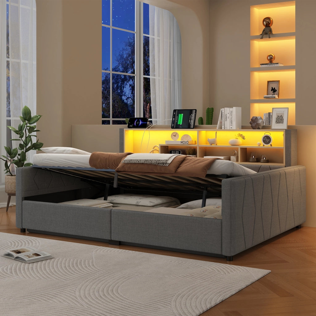 Letto contenitore 140x200 in lino grigio con luce LED regolabile