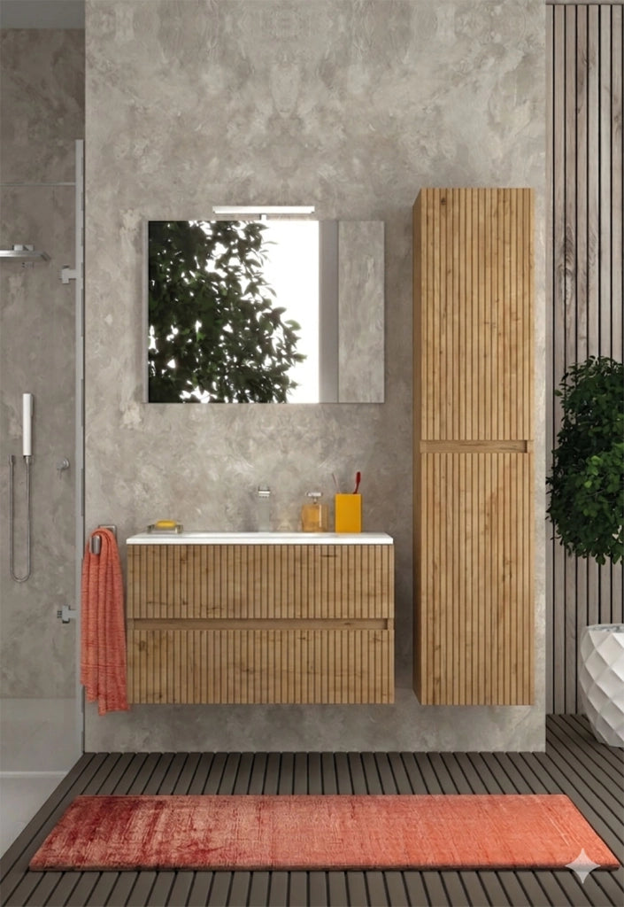 Mobile da Bagno Sospeso con Lavabo 80 cm e Specchio Urano Light Rovere Miele