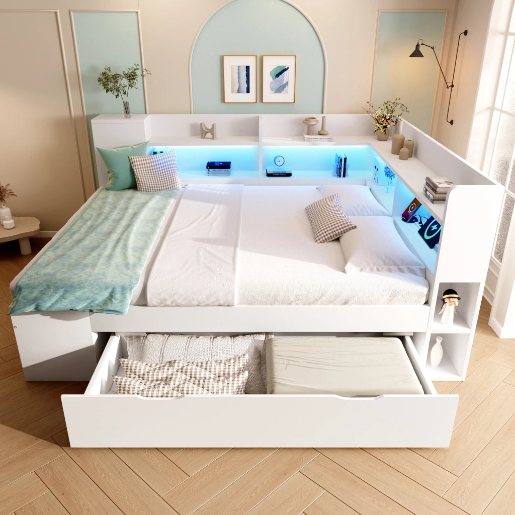 Letto a Divanetto 140x200 cm; USB; Type-C; LED Regolabile e Cassetti - in Legno - Bianco