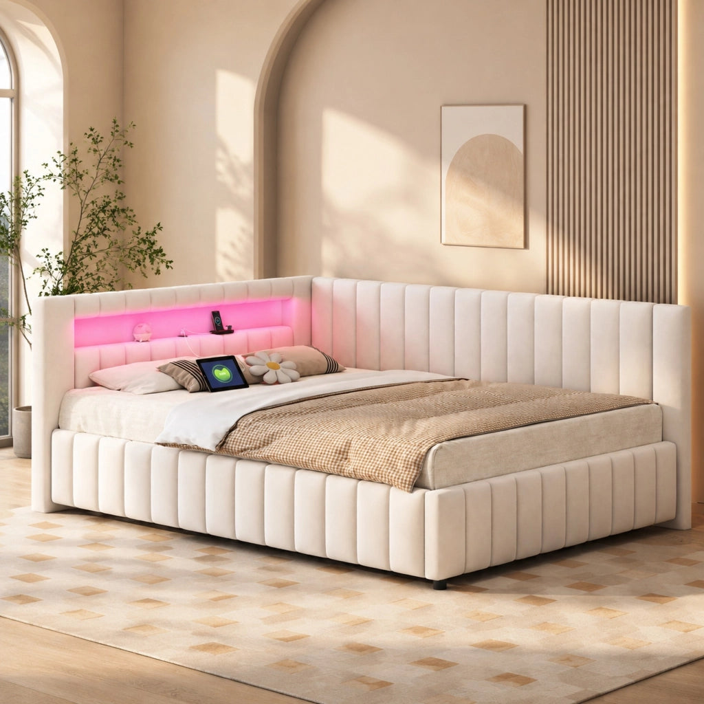 Letto imbottito L con LED e USB