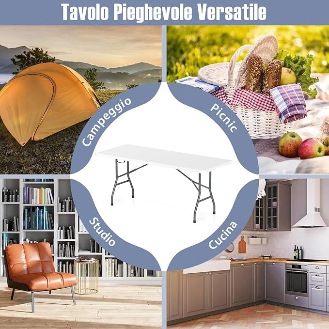 Tavolo Pieghevole Portatile da 180/245 cm, Tavolo da Campeggio in HDPE, Meccanismo di Blocco Sicuro, Tavolo da Picnic con Maniglia, Portata 160 kg (180 cm,Bianco)