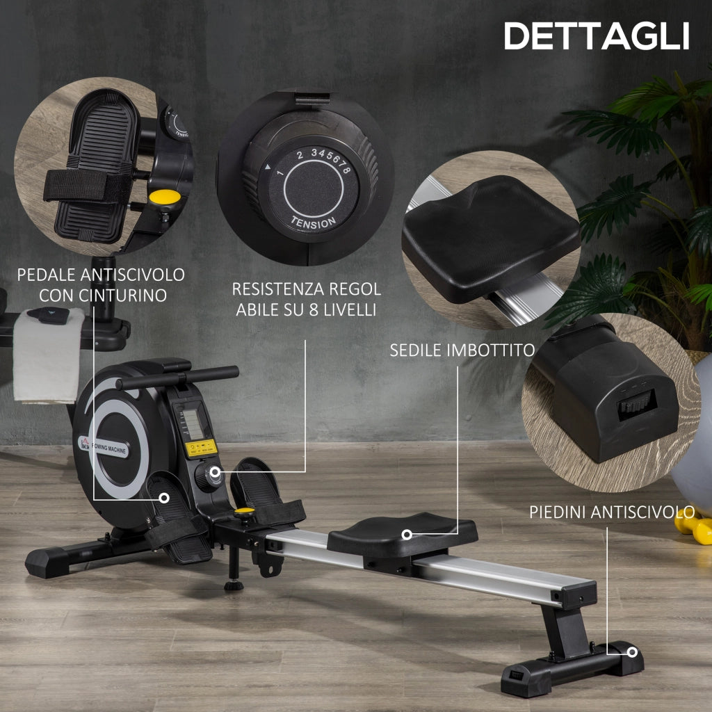 EasyComfort Vogatore Magnetico Pieghevole per Allenamento a Casa, Volano Regolabile su 8 Livelli e Monitor LCD, 185x58x57cm, Nero