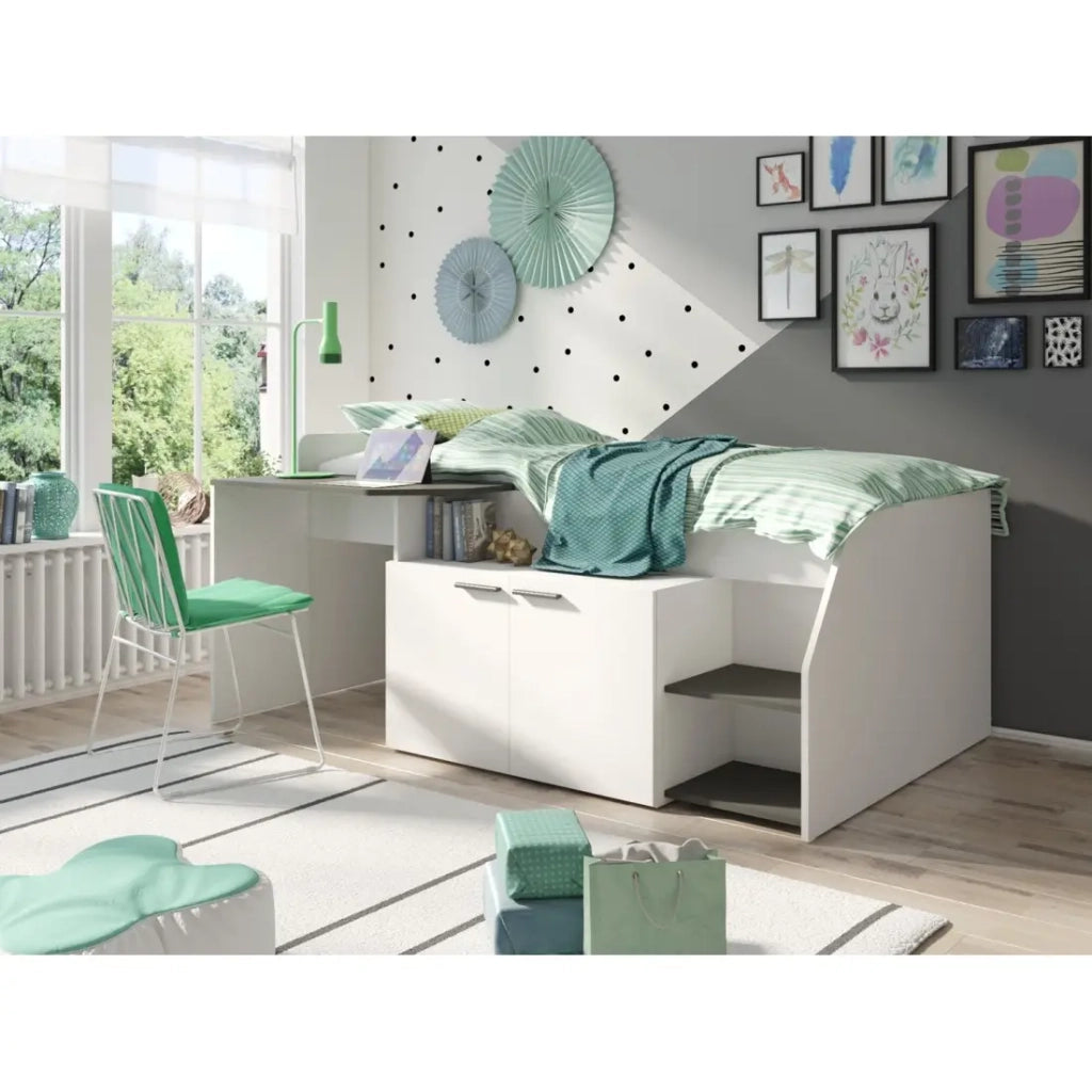 Letto Combinato ZOLA con Scrivania - Color Bianco Satinato e Grigio - 204 x 90 x 135 cm