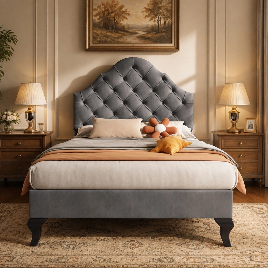 Letto imbottito 90x200 cm in velluto grigio con rete a doghe e testiera regolabile in altezza
