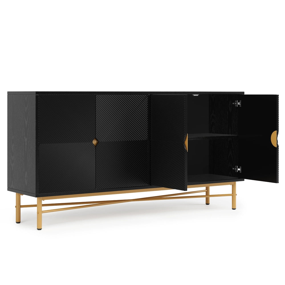 Credenza 4 Ante con Texture in Rilievo ¨C MINIMAL ¨C Nero Lucido, Gambe Dorate, 160x40x82cm