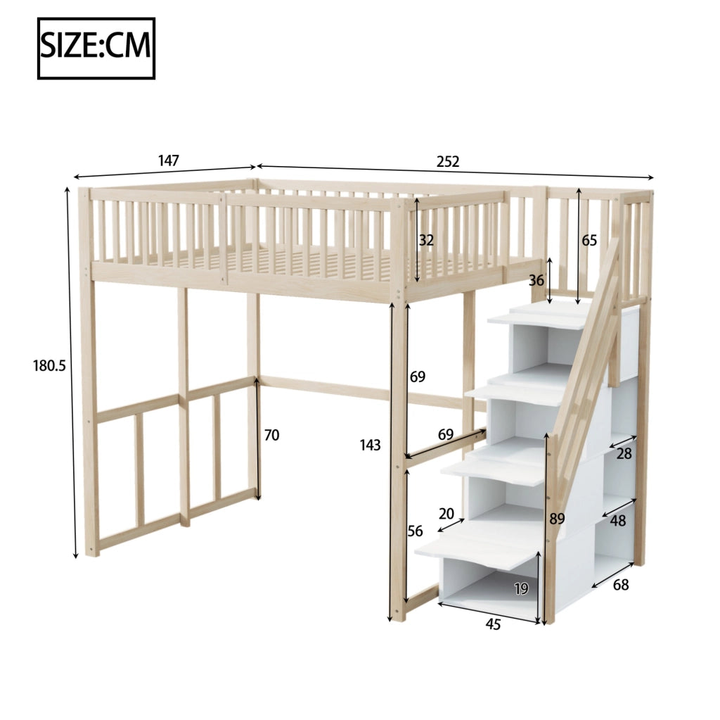 Letto a soppalco 140x200 cm in legno con scala contenitore e protezione
