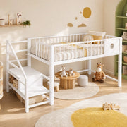 Letto a soppalco basso 90x200 cm con scala contenitore in metallo bianco