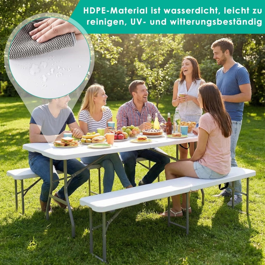 Set Tenda da Birra da 3 Pezzi 183cm, 1 Tavolo e 2 pcs Panche Pieghevoli, Set di Mobili da Giardino in Plastica HDPE, Set Birreria con Manico di Trasporto, per Campeggio Picnic Esterno, Bianco