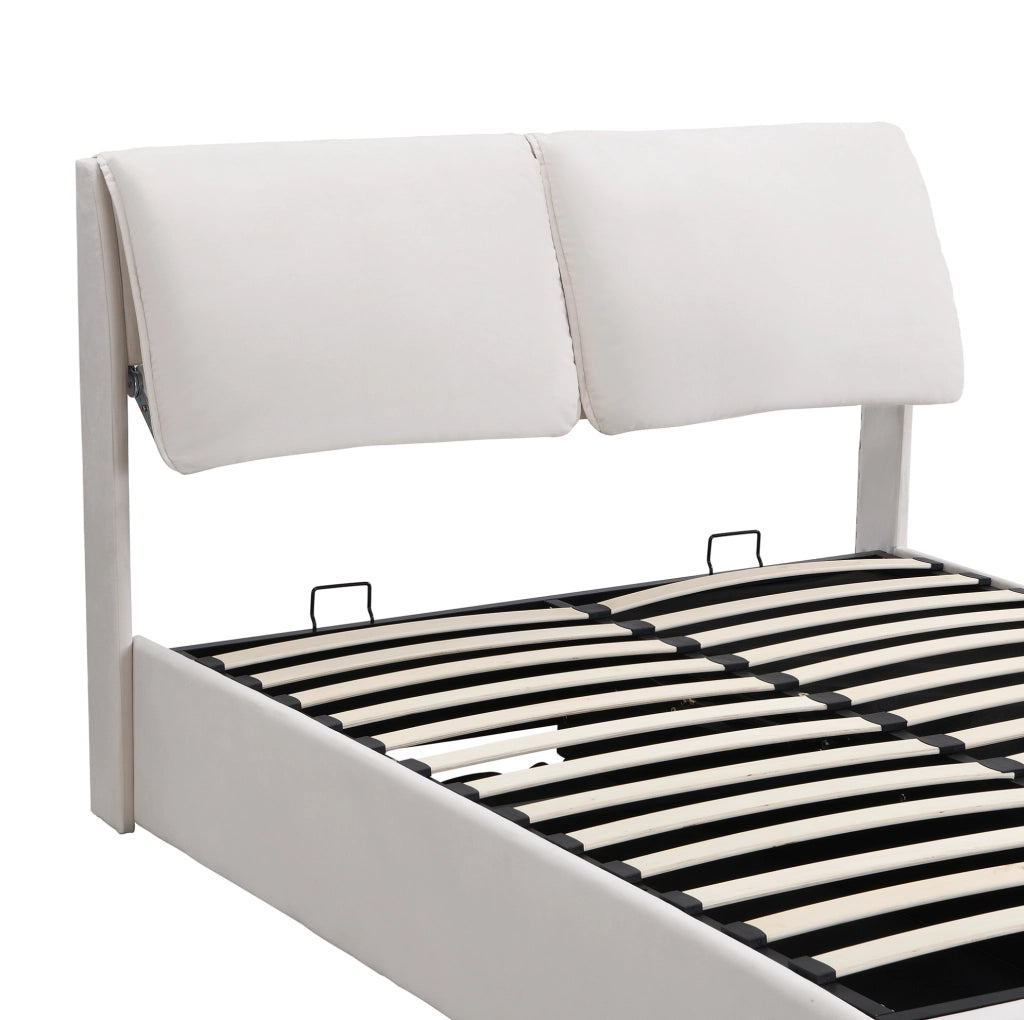 Letto imbottito 140x190 cm con contenitore idraulico; 3 cassetti; velluto beige; rete a doghe