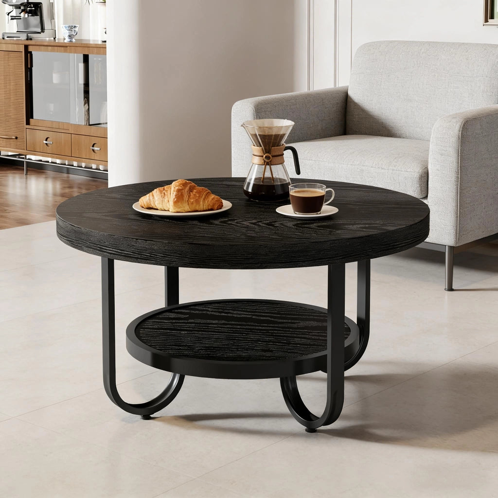 Tavolino basso rotondo a 2 livelli con ripiano inferiore, stile industriale, per soggiorno, in MDF e metallo, nero
