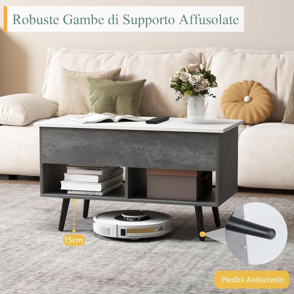 Tavolino da Salotto con Superficie Sollevabile, Tavolino da Caffè Moderno con Scompartimento Nascosto e 2 Ripiani, Ideale per Salone, Ufficio e Sala Riunioni (Grigio)