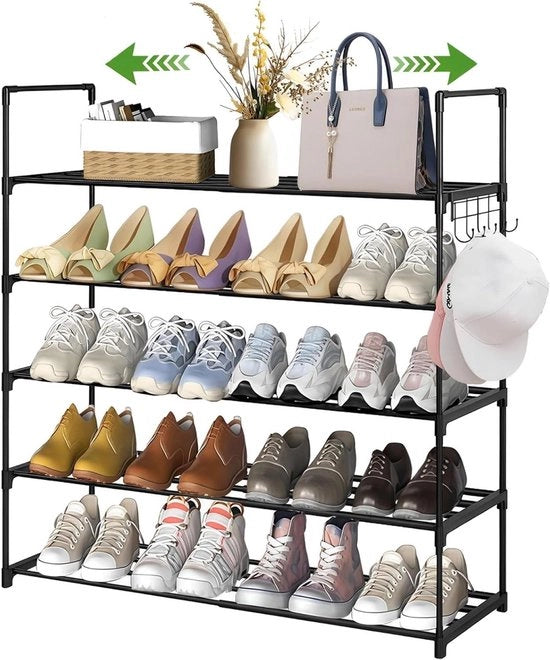 Scaffale per scarpe - ripostiglio - estensibile - 5 livelli - nero - sottile - spaziale - regolabile - 41 a 76 cm - robusto - adatto per soggiorno - camera da letto - camera - ingresso.