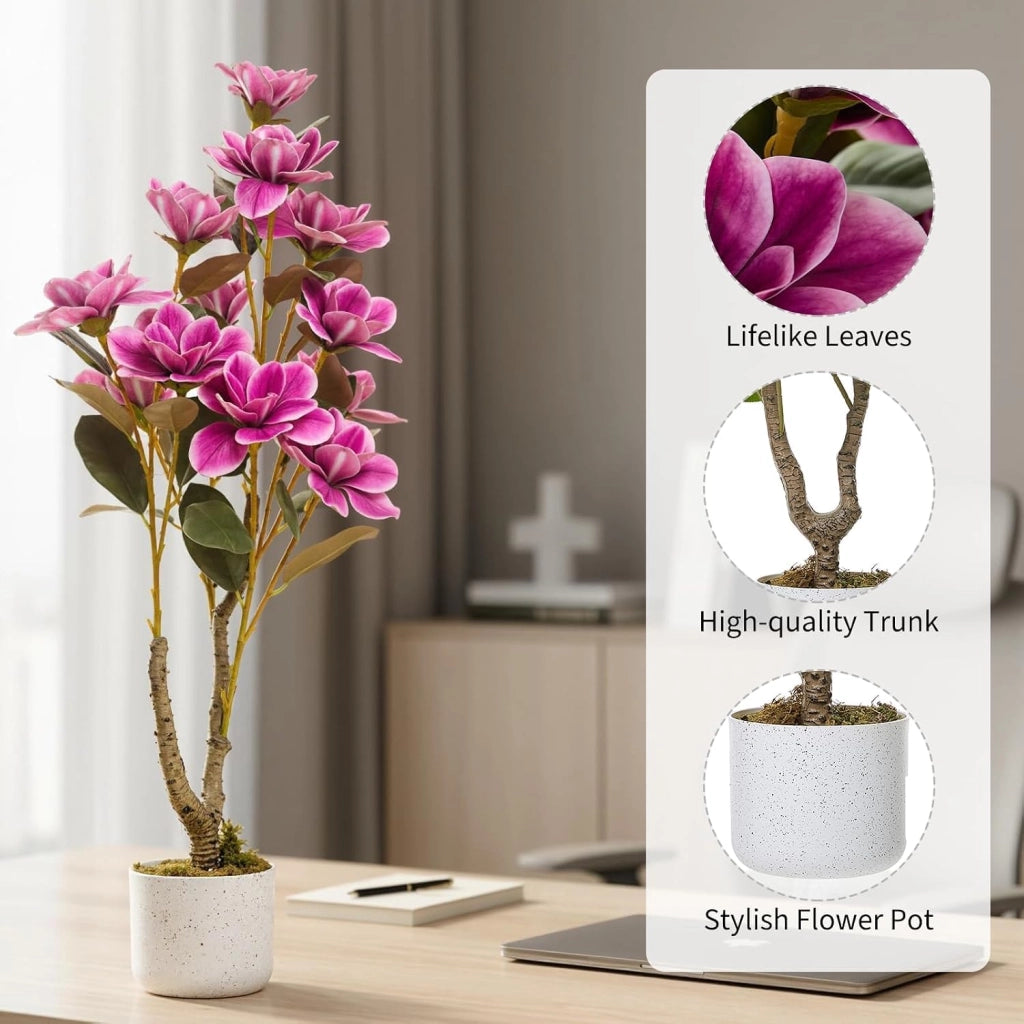 Albero di Magnolia Artificiale 95 cm con 14 Fiori e Vaso Bianco da Interno
