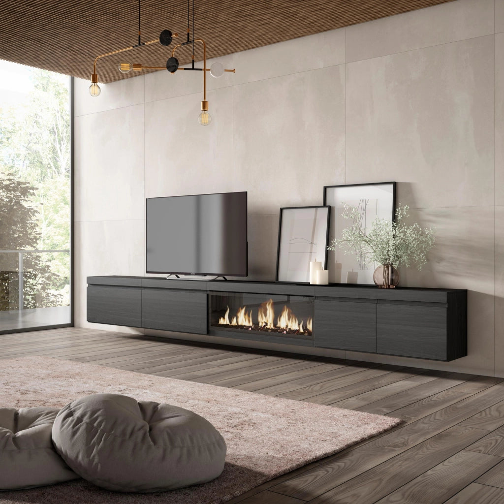 Mobile TV Soggiorno, 368x35x45, Camino elettrico XXL, da appendere, Nero RF3689