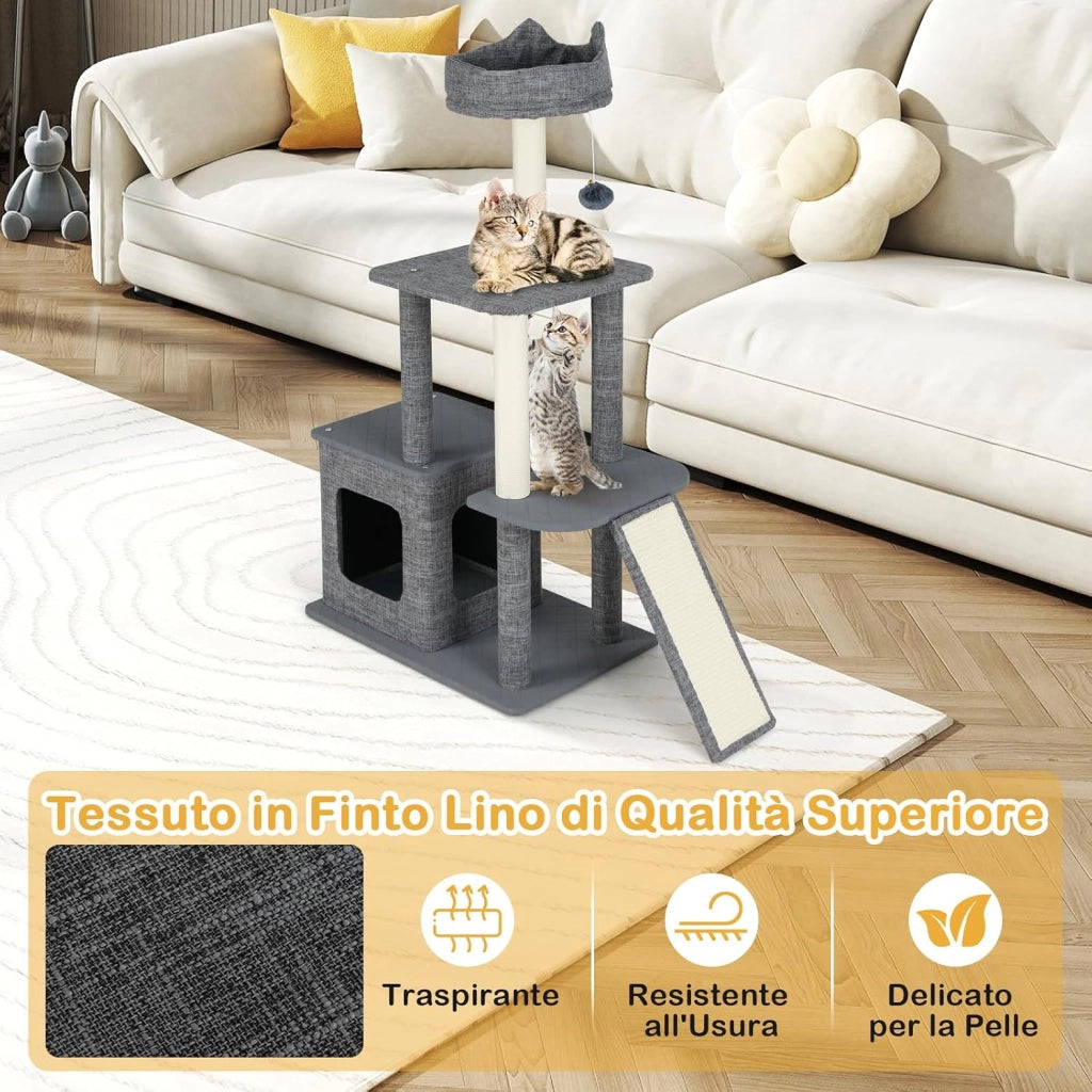 Tiragraffi per Gatto Alto 117 cm, Albero Tiragraffi Gatto con 5 Piattaforme, 2 Pali Sisal e Pallina Pompon, Torre Tiragraffi per Gatti con Grotta e Trespolo, Grigio