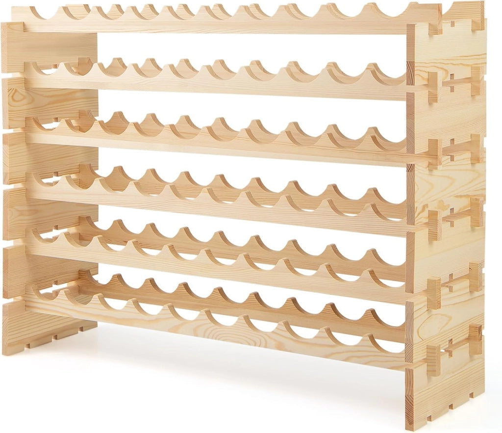 Portabottiglie in legno di pino per 60 bottiglie, scaffale indipendente a 6 livelli, 101 x 29 x 73 cm, portabottiglie impilabile, per cantina, bar, sala da pranzo, naturale