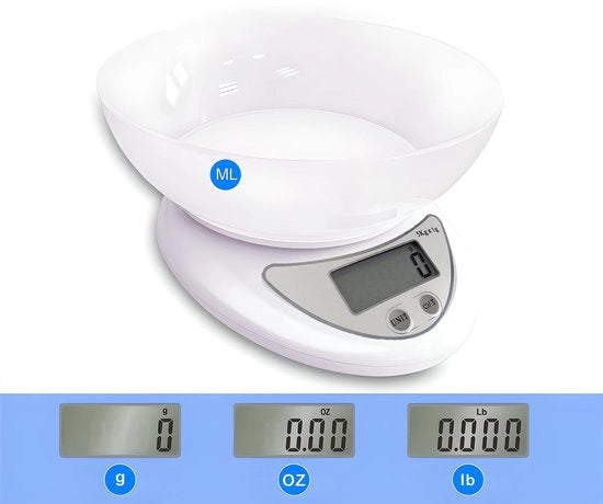 Pesa Elettronica da Cucina con Precisione 1g - Pesa Cucina con Contenitore 700ml - Display LCD - Spegnimento Automatico - Dimensioni 11.2cm x 5.3cm x 17.5cm - Pesa Alimentare