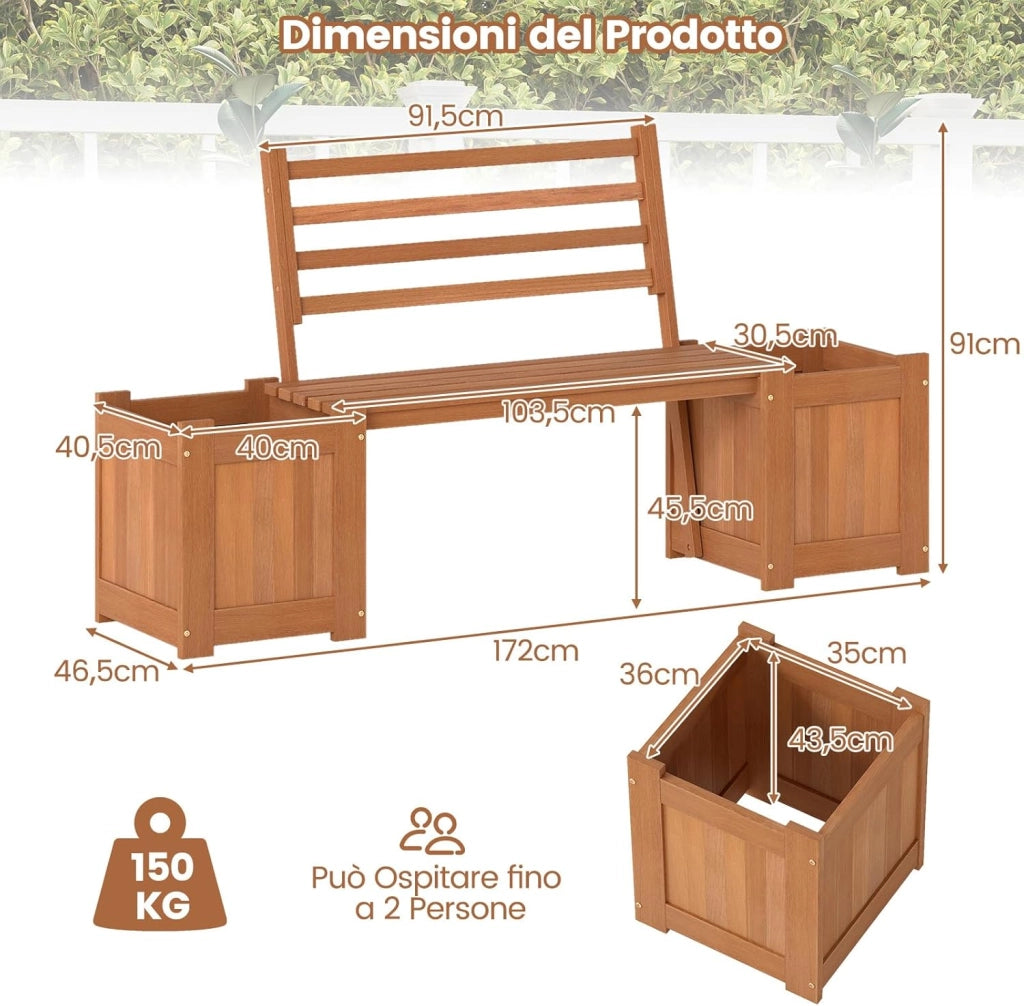 Fioriera da Esterno in Legno con Panca, Panchina da Giardino con 2 Fioriere, Schienale, Base Aperta e Finitura ad Olio di Teak, Contenitore Decorativo per Piante da Cortile e Balcone