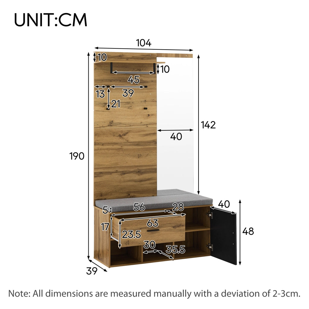 Garderoba ingresso 190 cm in effetto legno con specchio; panca imbottita e porta scarpe; colore rovere