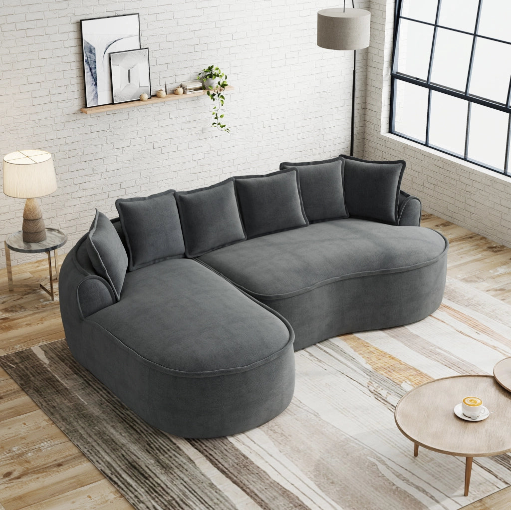 Divano letto modulare 252x164 cm in ciniglia con chaise longue e cuscini; grigio