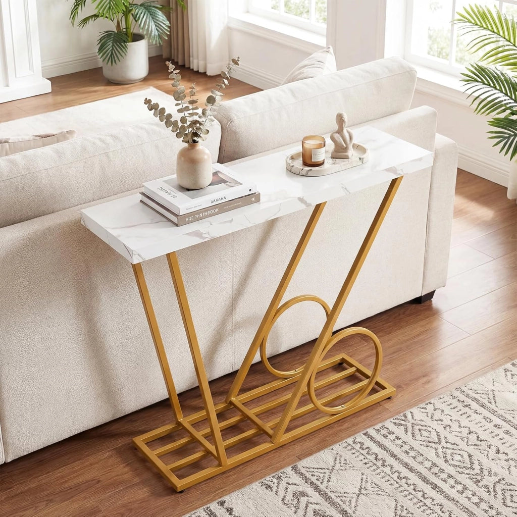 Tavolino da Ingresso 100 x 29,5 x 81 cm, Mobile Ausiliario con Struttura Geometrica in Metallo e Piano in Marmo Finito, per Soggiorno, Ingresso e Corridoio