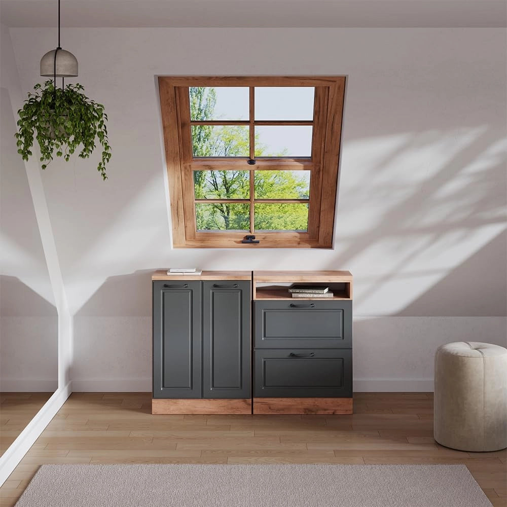 Set di mobili sottotetto Rion, Antracite casa di campagna, 120 cm Set di 2 carcasse armadio profondità 60 cm, adatto per il salvaspazio sotto tetti spioventi