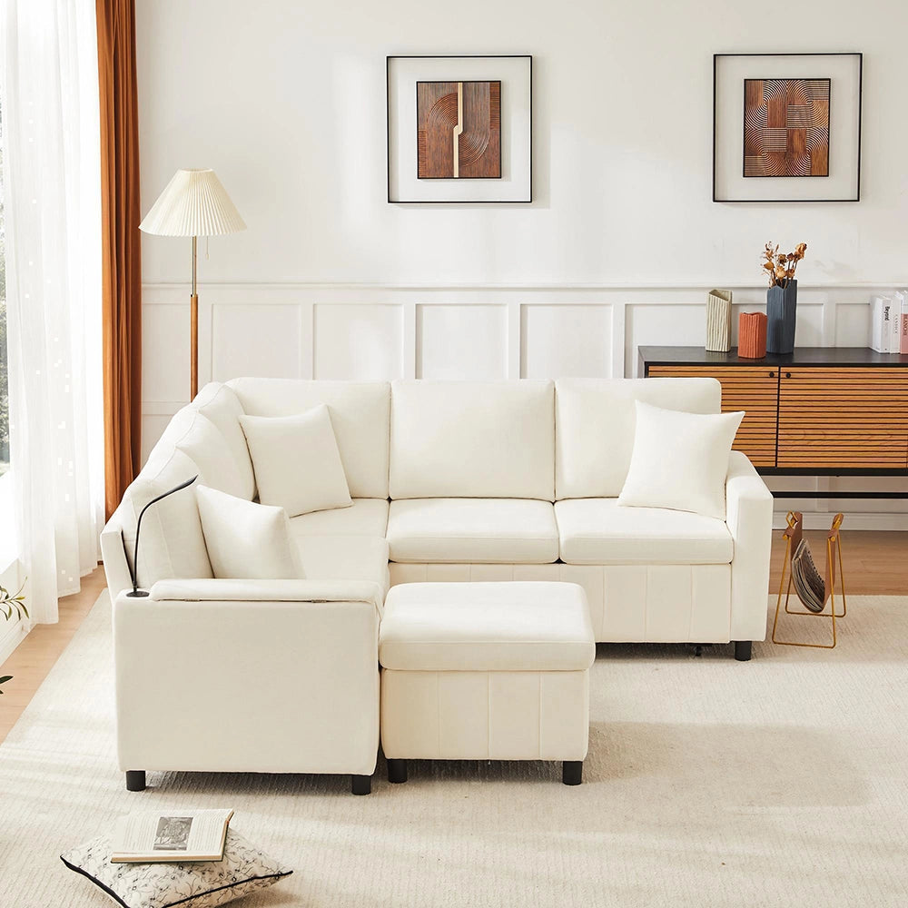 Divano letto angolare in velluto - Xylo - 205x205x85 cm - Beige - Con pouf, luce, USB, tavolo nascosto