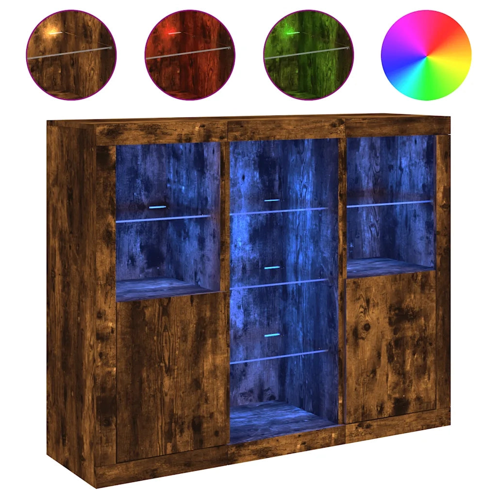 Credenze con Luci LED 3 pz Rovere Fumo in Legno Multistrato 3209125