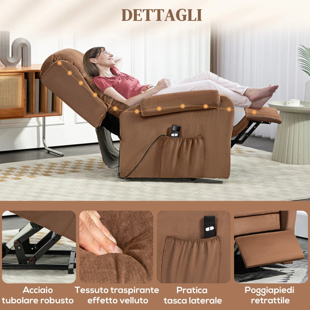 Poltrona Alzapersona Reclinabile Elettrica con Poggiapiedi ¨C Xylo ¨C Velluto Marrone 85x88x109 cm