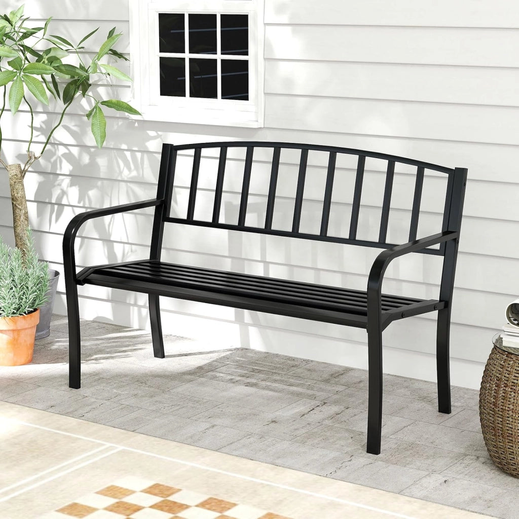 Panca da giardino in metallo, resistente alle intemperie, per 2 persone, panca da balcone con schienale e bracciolo, panca da balcone in metallo, portata fino a 300 kg, 127 x 59 x 85,5 cm
