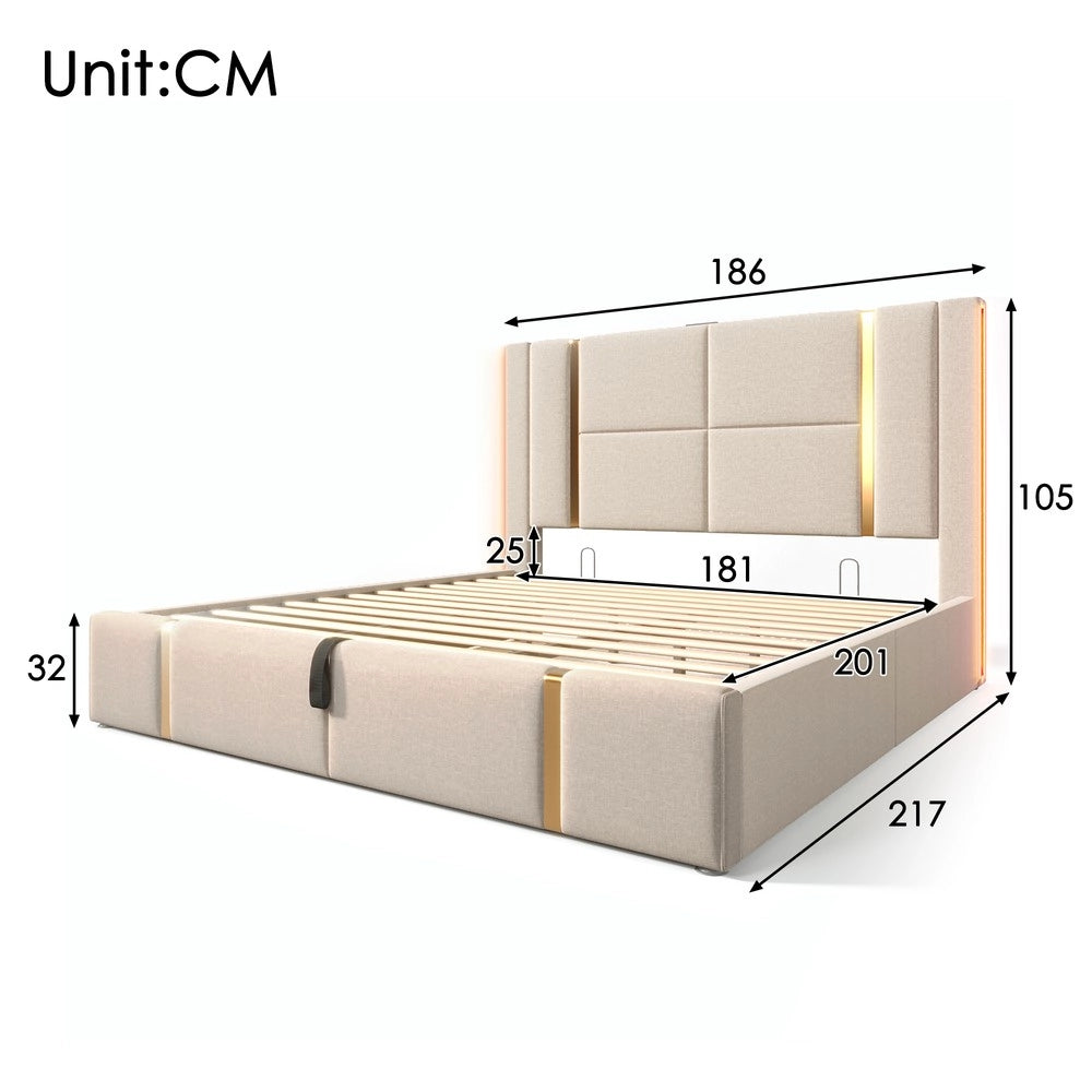 Letto Matrimoniale Imbottito Contenitore con LED e USB ¨C MINIMAL ¨C Beige, Tessuto Lino, 180x200