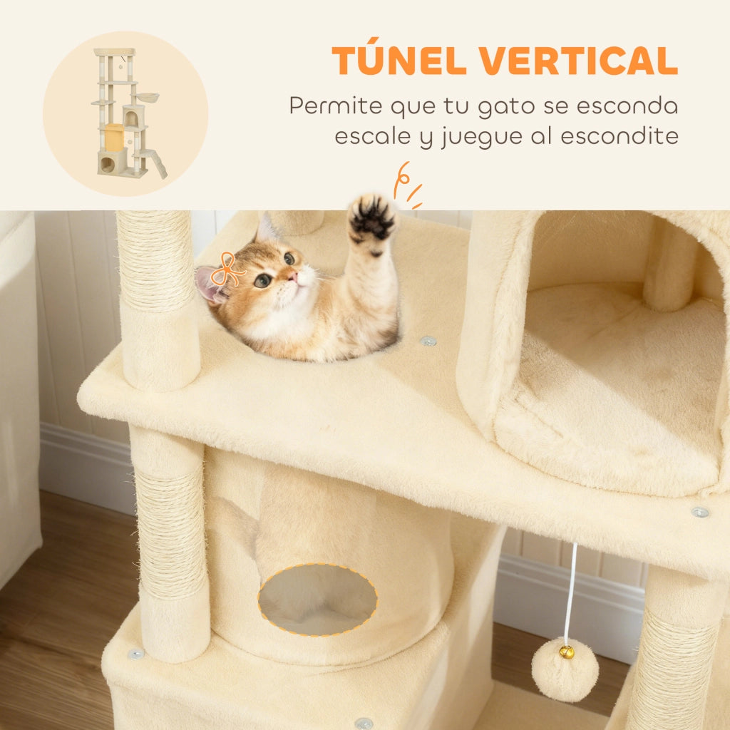Albero tiragraffi per gatti con piattaforme, tunnel e amaca ¨C zephmum ¨C 170 cm, beige