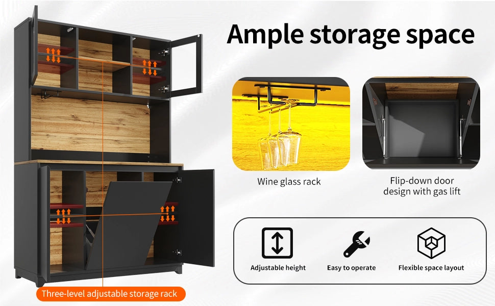 Mobile da cucina 120x40x180 cm, nero, con ante in acrilico e illuminazione LED